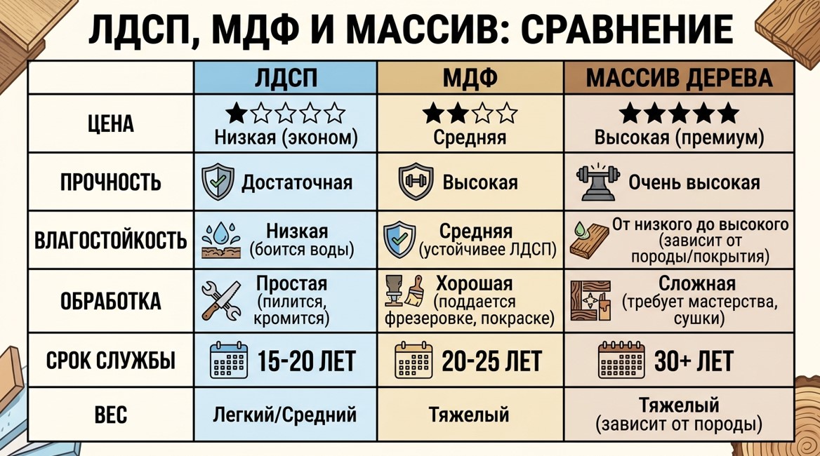 Сравнительная таблица ЛДСП МДФ и массив дерева по цене прочности и сроку службы