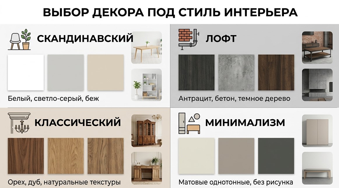 Подбор декора ЛДСП под стиль интерьера - скандинавский лофт классика минимализм