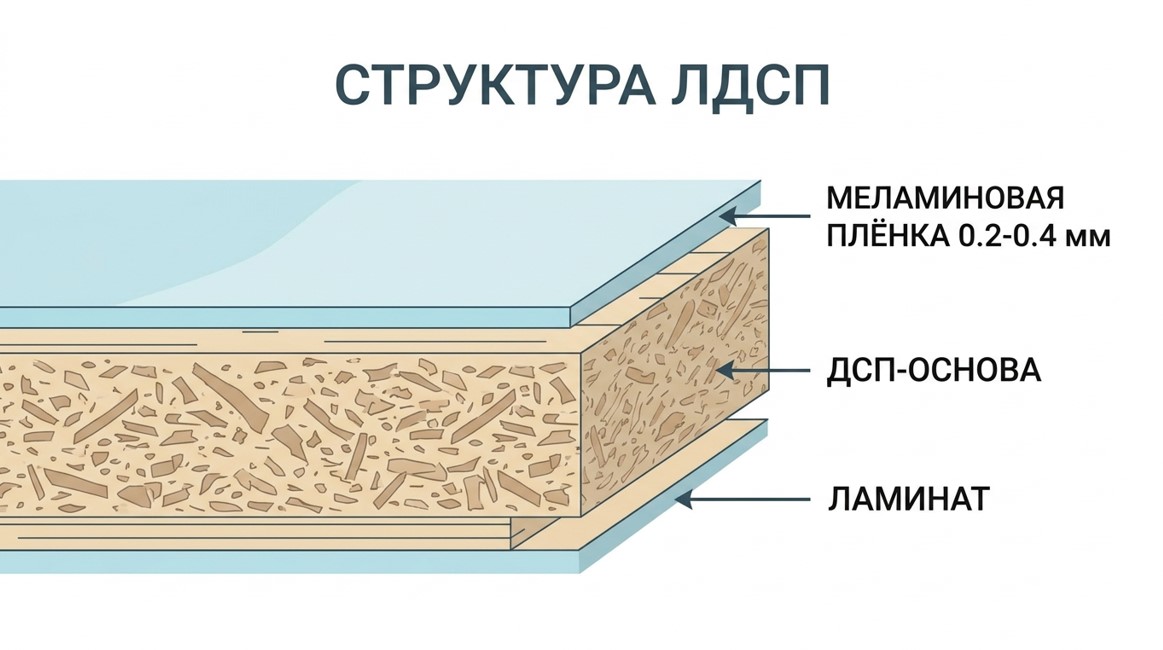 Структура ЛДСП инфографика - слои меламиновой пленки и ДСП основы
