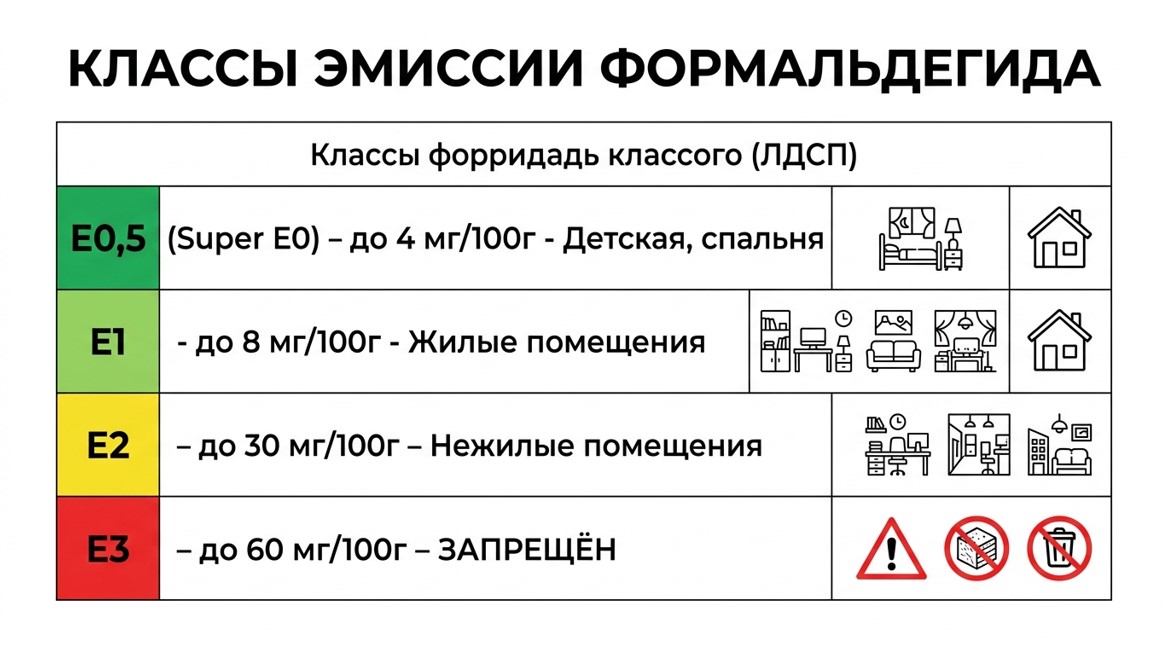 Классы эмиссии формальдегида ЛДСП от Е0.5 до Е3 - таблица безопасности
