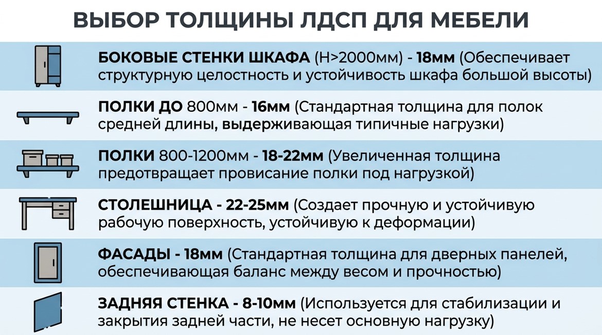 Рекомендуемая толщина ЛДСП для различных элементов мебели - от 8 до 25 мм