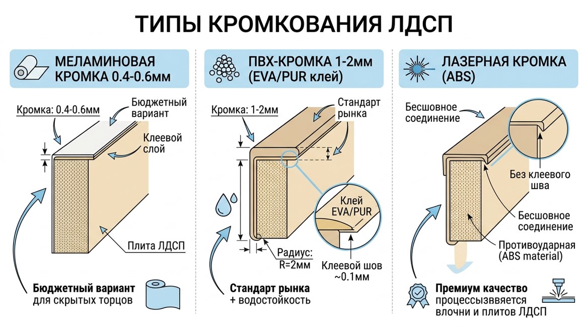 Типы кромкования ЛДСП - меламиновая, ПВХ и лазерная кромка в разрезе