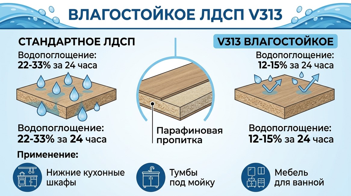 Влагостойкое ЛДСП V313 - сравнение водопоглощения со стандартным ЛДСП