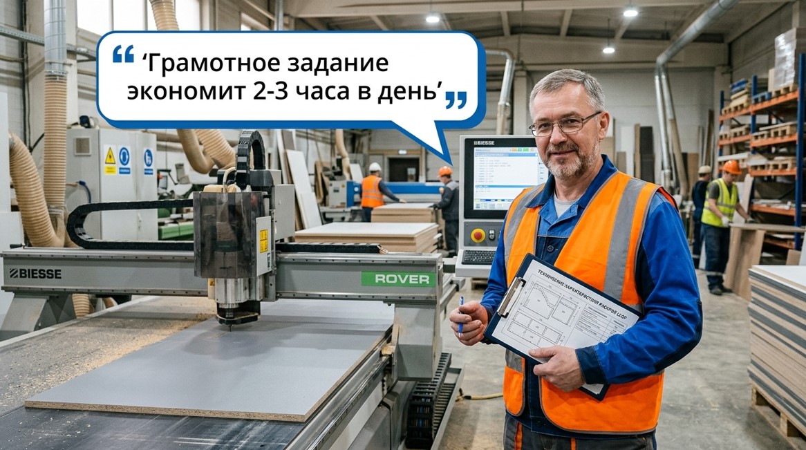 Технолог мебельного производства с картой раскроя на фоне станка ЧПУ