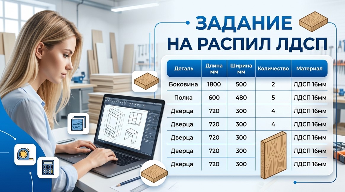 Инфографика структуры задания на распил ЛДСП с таблицей спецификации деталей