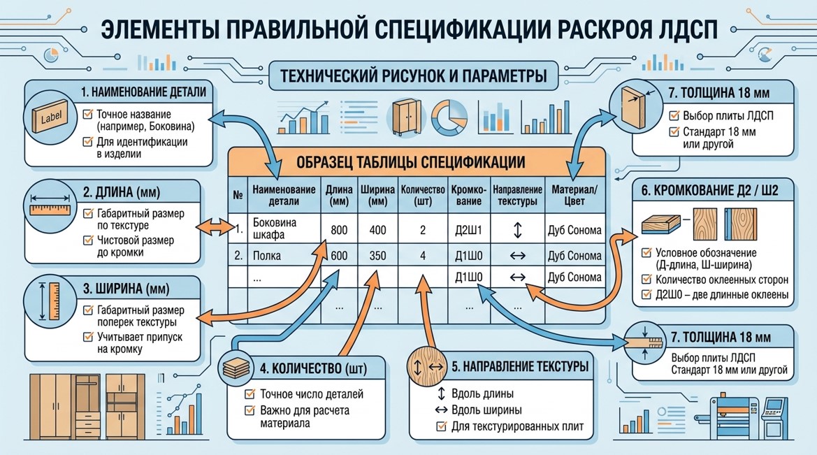 Детальная схема элементов задания на распил с указанием всех обязательных параметров