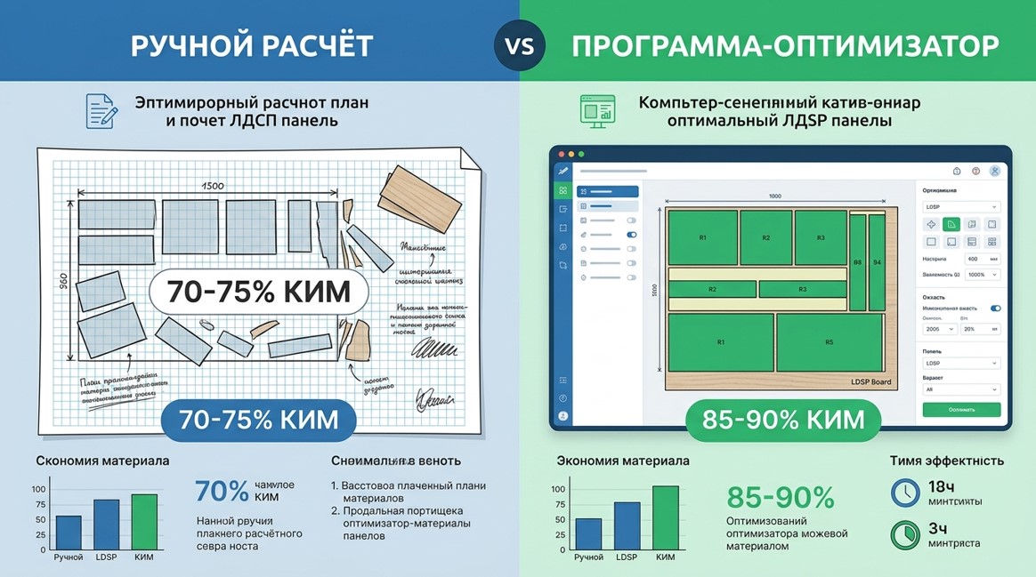 Сравнение ручного расчета и программы-оптимизатора раскроя ЛДСП по эффективности