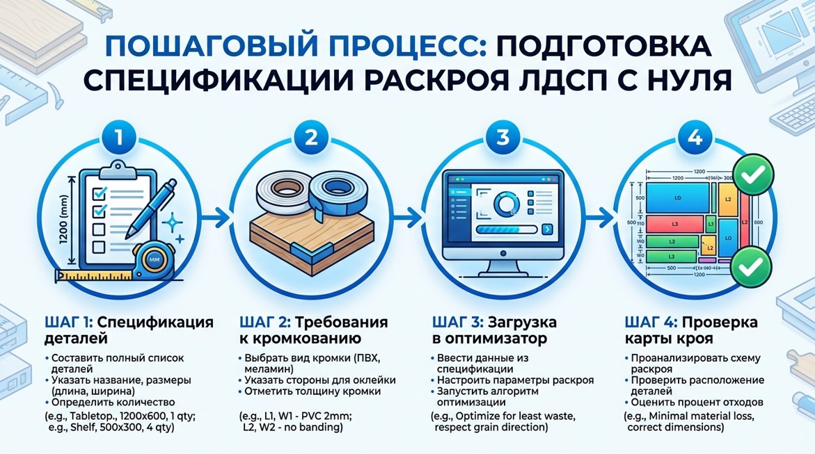 Пошаговая инфографика процесса подготовки задания на распил ЛДСП