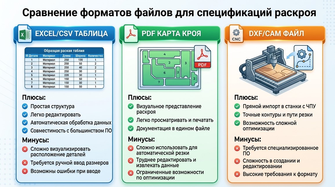 Сравнение форматов передачи задания на распил: Excel, PDF и DXF