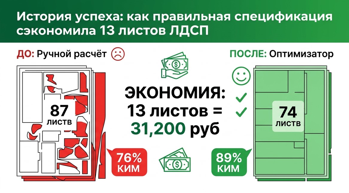 Кейс успешной оптимизации раскроя ЛДСП с экономией 13 листов и 31 200 рублей