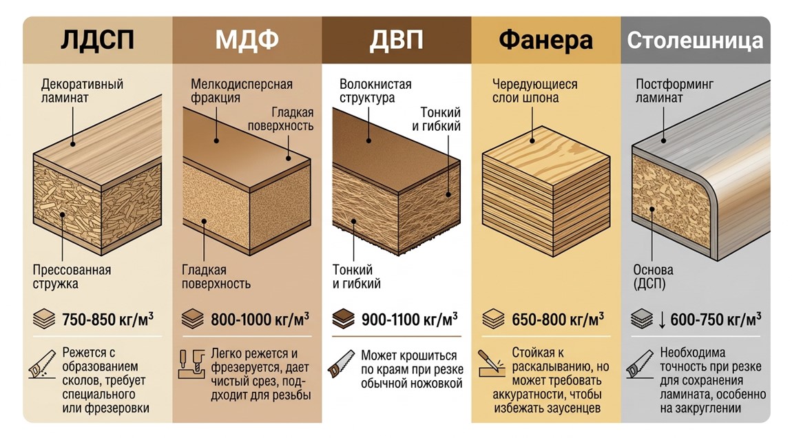 Сравнительная инфографика структуры пяти плитных материалов - ЛДСП, МДФ, ДВП, фанера и столешница