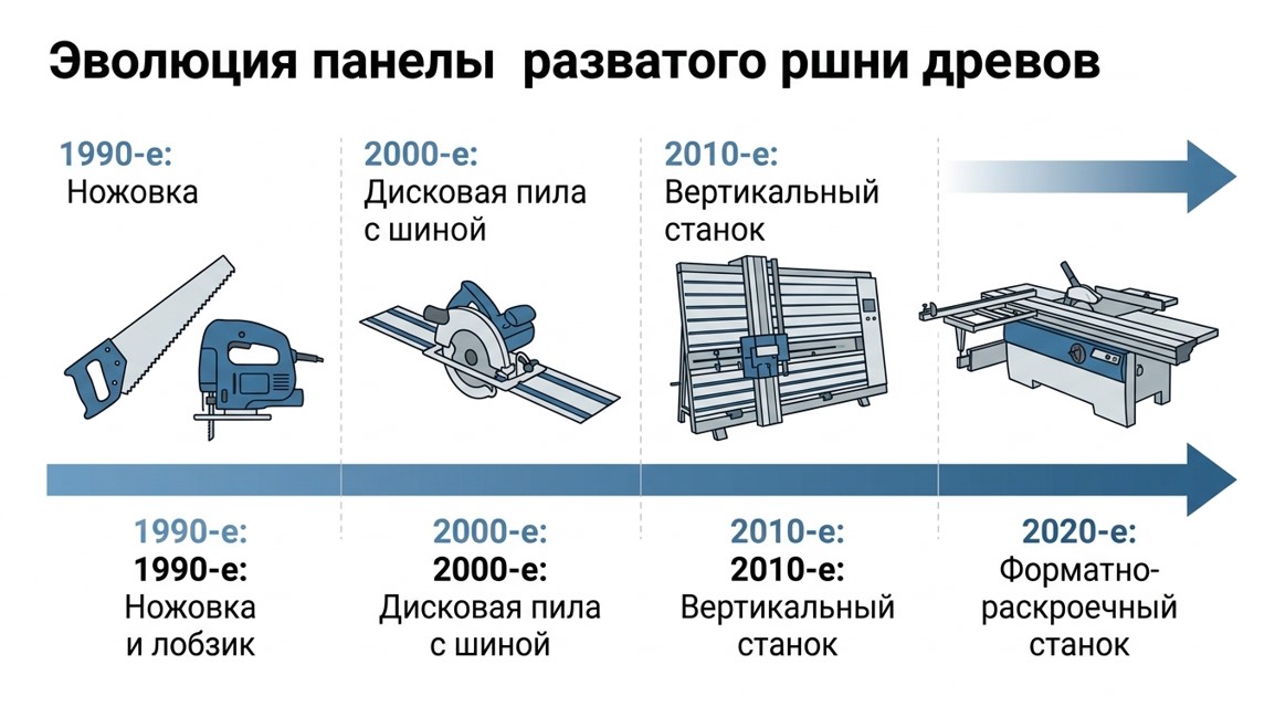 Эволюция инструментов для распила плитных материалов с 1990-х по 2020-е годы - от ножовки до форматно-раскроечного станка