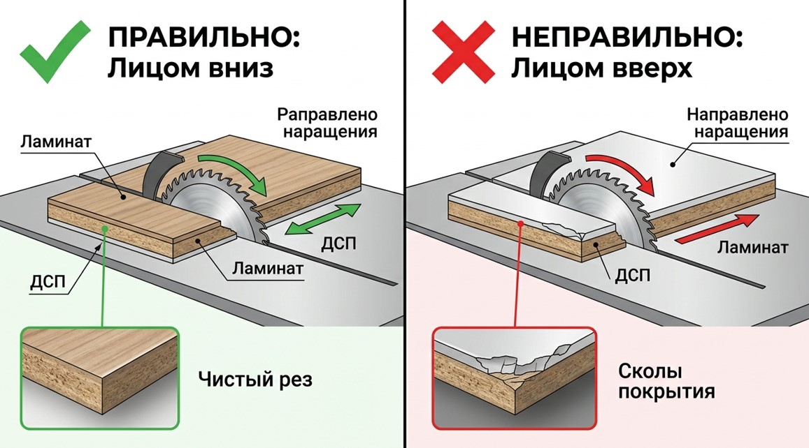 Правильная и неправильная техника распила постформинговых столешниц - сравнение положения материала