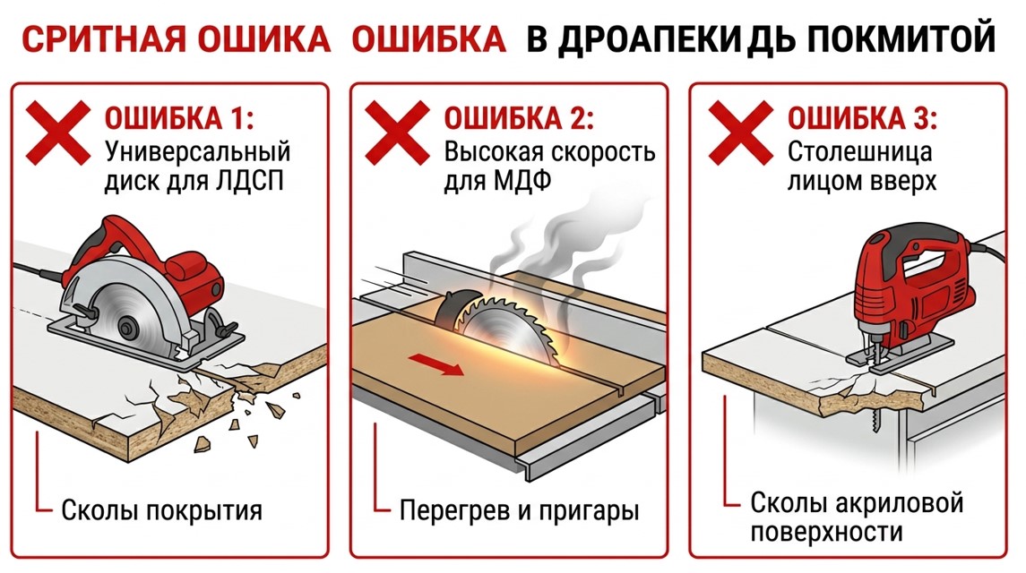 Три критические ошибки при распиле плитных материалов - универсальный диск для ЛДСП, высокая скорость для МДФ, неправильное положение столешницы